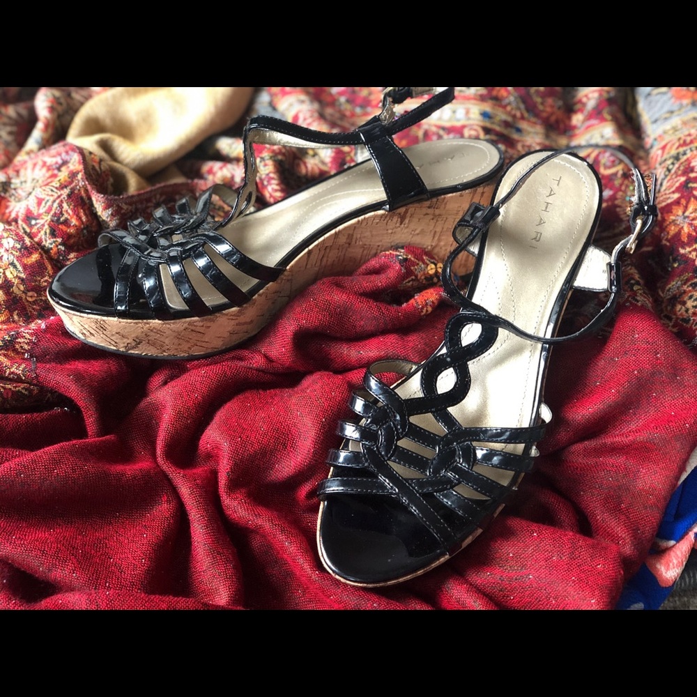 Tahari patent leather strappy wedge sandal